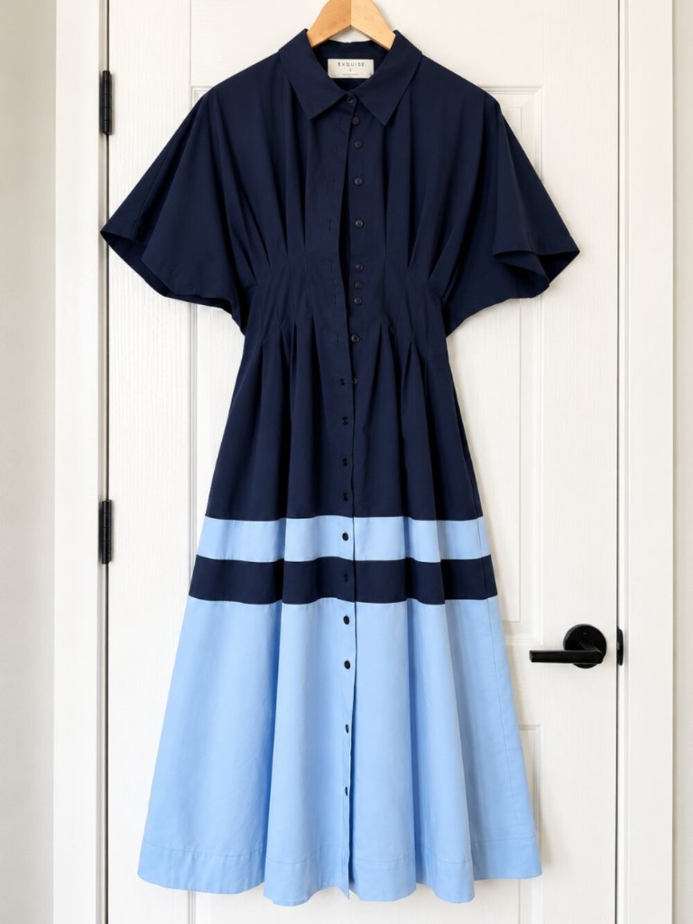 Exquise Color Block Midi Dress Navy Blue Button Front Size S